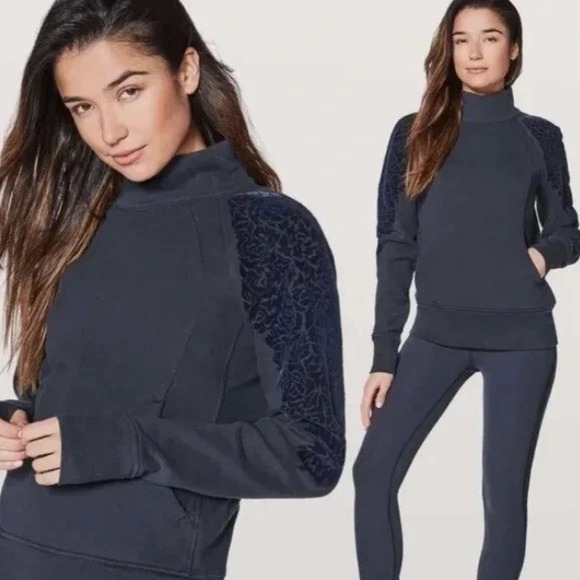 lululemon athletica Tops - Lululemon Floral Flock Pullover Womens 10 Black Funnel Neck Sweatshirt Back Zip